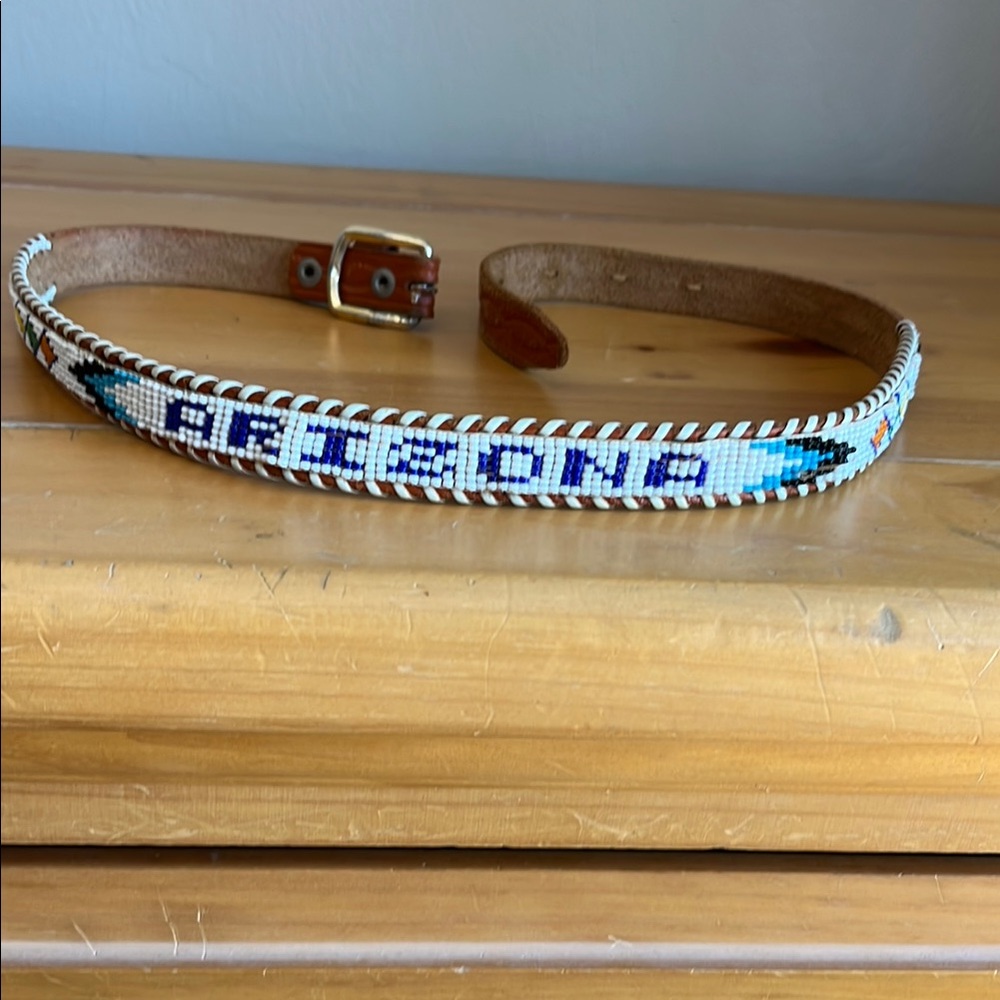 Beaded Leather Belt with Blue and White Design